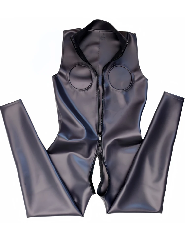 S-5XL Sleeveless Wet Look PVC Catsuit Double Sided PU Leather Zipper Crotch Bodysuit Hollow Out Jumpsuit Leotard Conjoined Body