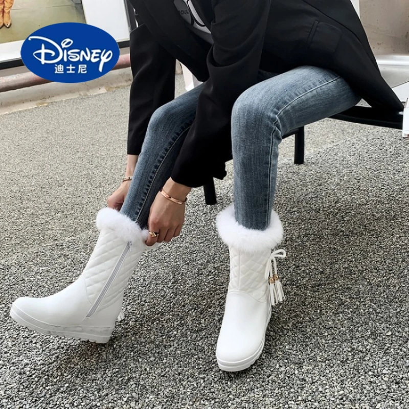 

Disney Women's White Winter Boots | Plush Faux Rabbit Fur Lining & Trim | Low Wedge Platform | Mid-Calf Snow Boots