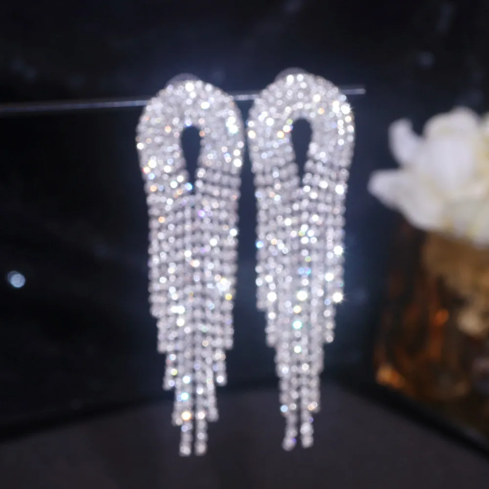 New Classic Shiny Rhinestone Earrings for Women Geometric Long Tassel Crystal Dangle Earrings Female Fashion Jewelry Accessories