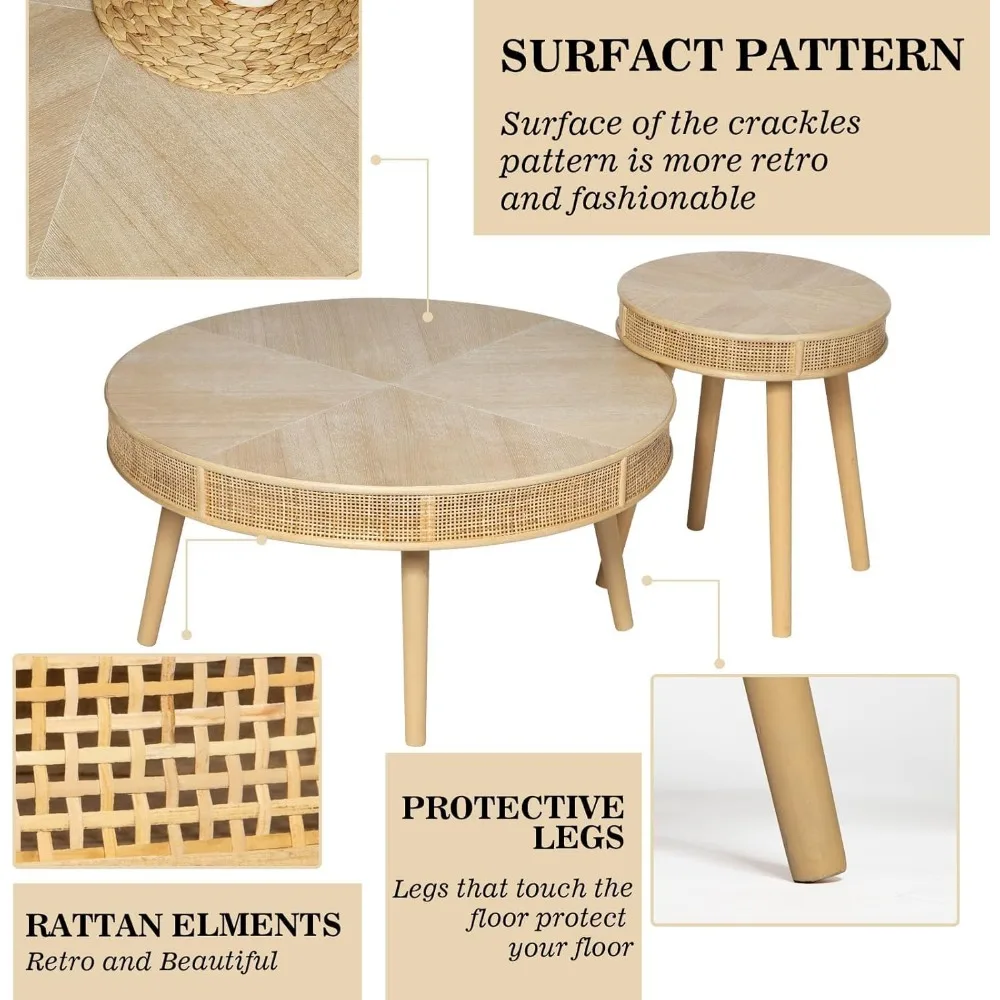 Rustic Rattan Nesting Coffee and Side Tables Set for Living Room with Handcrafted Farmhouse Style