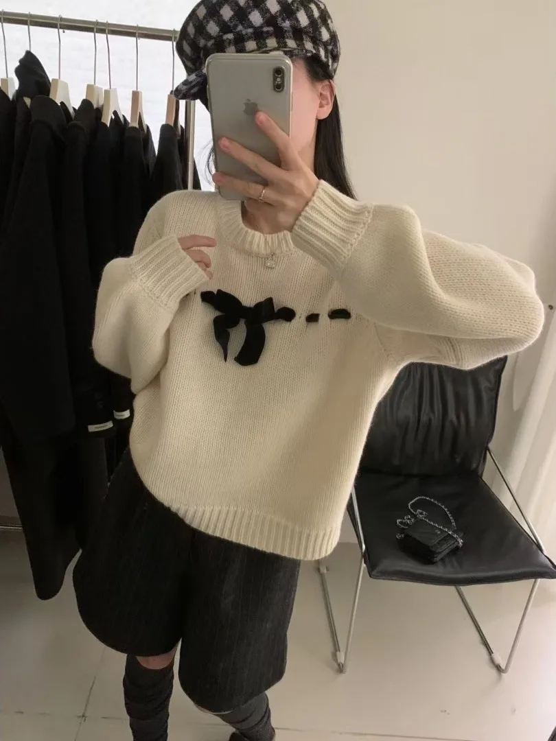 

Soft Gentle Wind Knot Overhead Sweater Women's Loose Long Sve Knitted Outerwear Autumn Winter Slimming Top