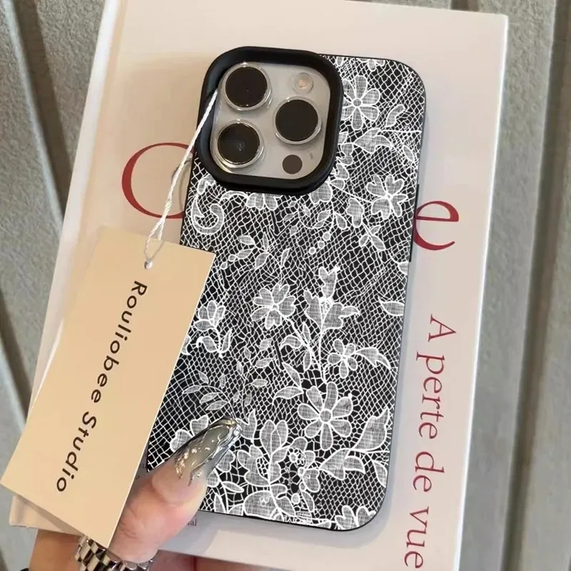 Funda de Silicona con Textura de Lichi y Patrón de Encaje Blanco para iPhone 17 16 15 14 Plus 13 12 11 Pro MAX 17 Air, Funda Suave de Silicona