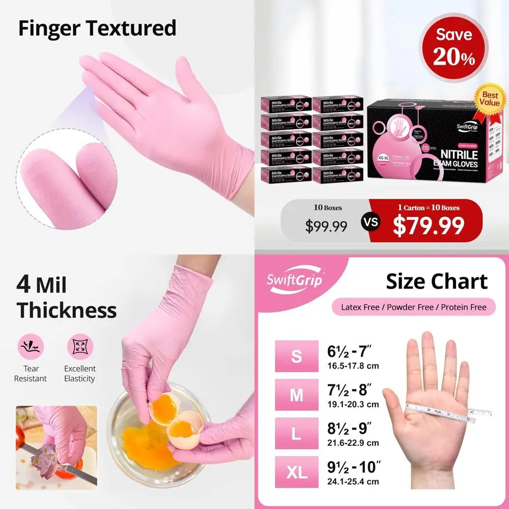 

Перчатки SwiftGrip из нитрила с рисунком вишневого цвета, 4 мил, одноразовые, безопасные для пищевых продуктов, без латекса, без пудры