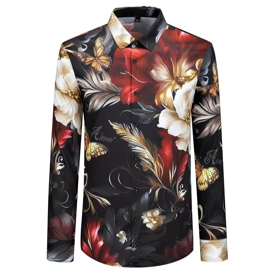 

Men's Luxury Rhinestone Flower Shirt Long Sleeve Slim Fit Vintage Style Formal Party Tuxedo Dress Shirt Business Wear