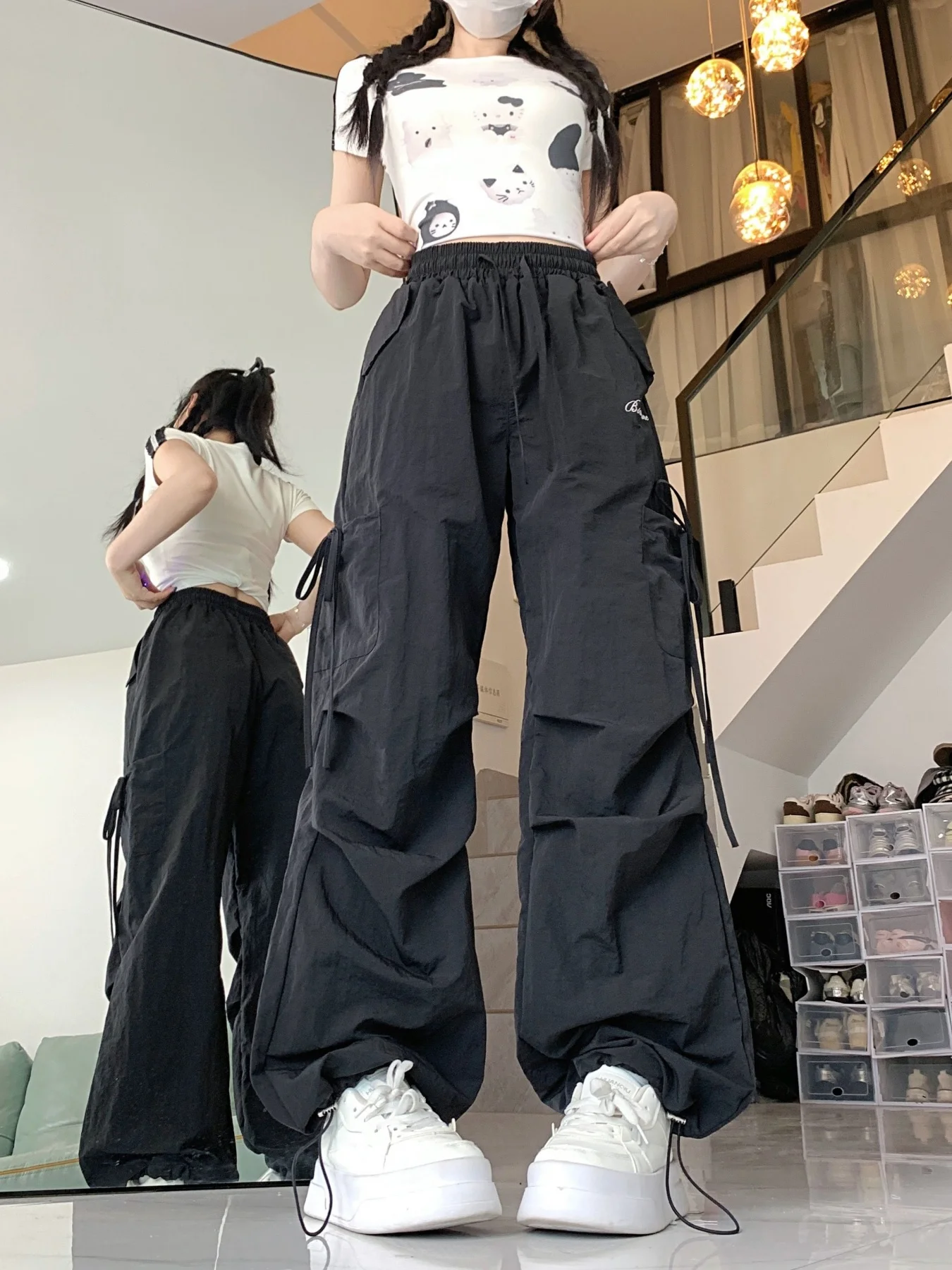 여성용 아메리칸 스타일 캐주얼 조거 팬츠, 새로운 봄, 가을 하이웨이스트 블랙 스트레이트 레그 얇은 캐주얼 루즈 레이지 다용도 와이드 레그 팬츠