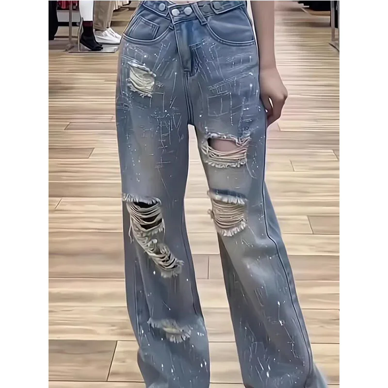 2024 Hot drill High Waist Ripped Jeans For Women Summer New Trousers Ins Fashion Brand Straight Loose Mop Wide-Leg Pants  S-3XL