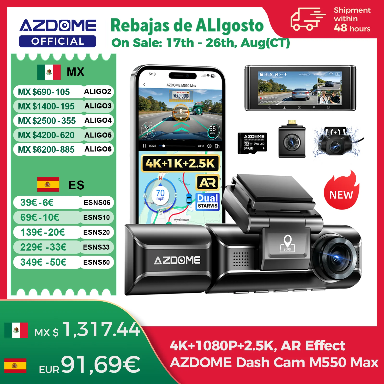 Imagen de AZDOME M550 Max Dash Cam 4K + 1K + 2,5 K GPS incorporado WiFi 150FOV cámara de coche 24H Monitor de estacionamiento visión nocturna cámara de salpicadero para coches
