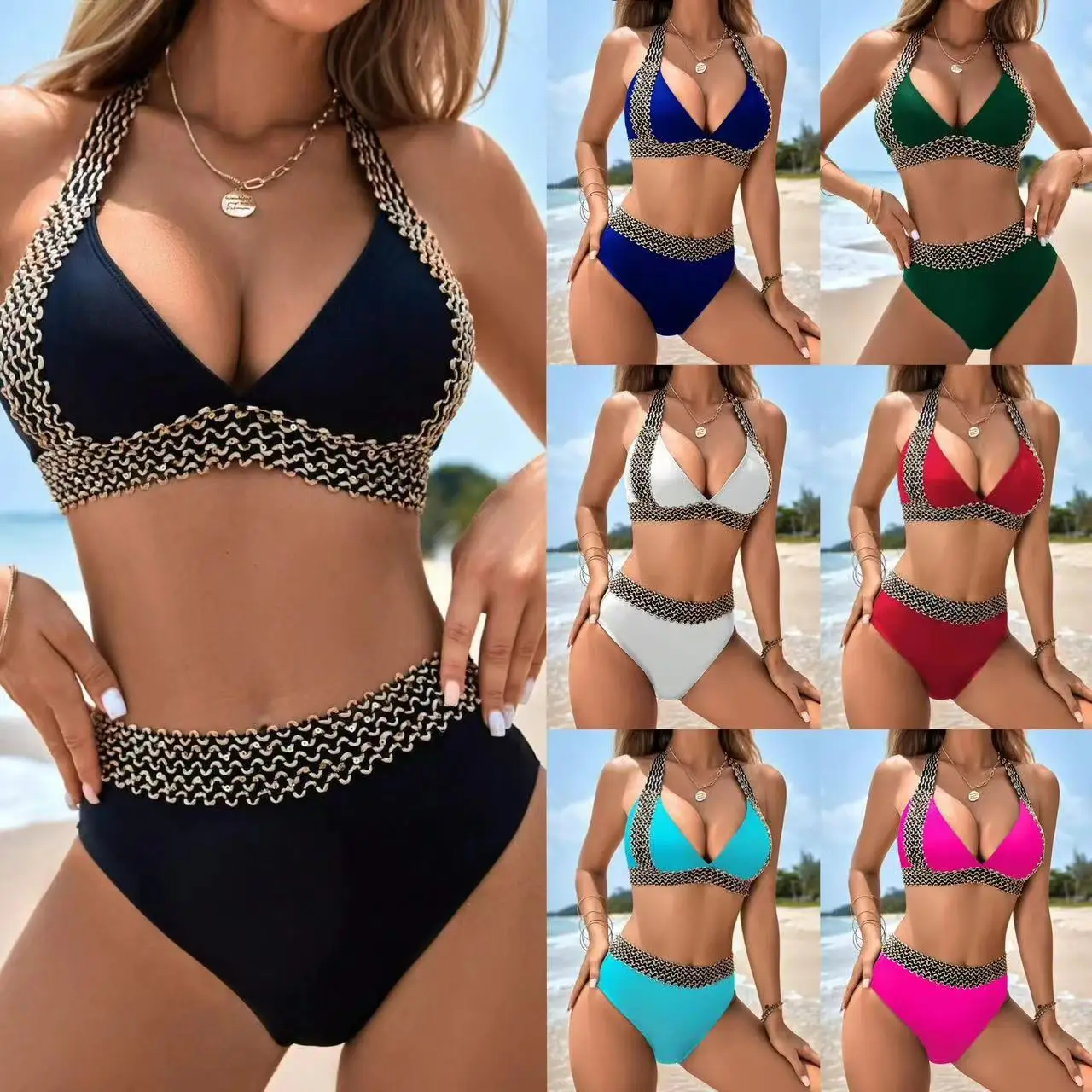 

Swimsuit European and American split tight solid color sexy bikini swimsuit