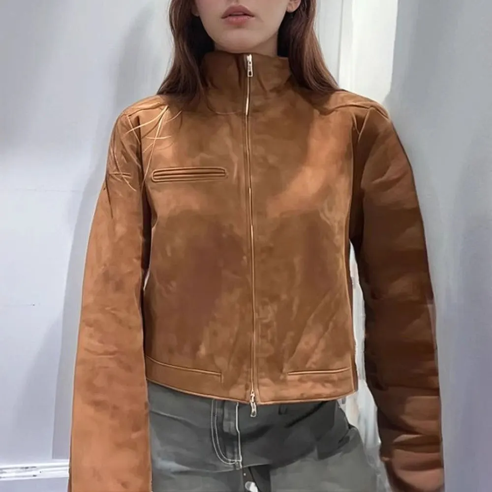 

Новая женская замшевая текстурированная куртка с воротником-стойкой в европейском и американском стиле, повседневный удобный короткий модный топ в стиле ретро