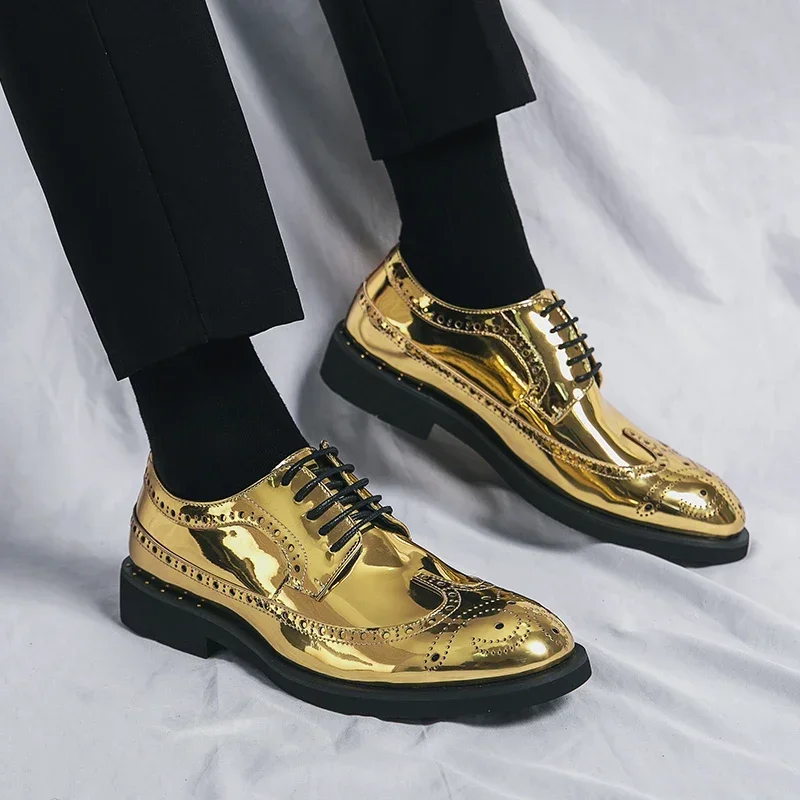 

New In Gold Brogue Shoes for Men Wedding Lace-up Spring Autumn Size 38-46 Handmade Men Shoes Men Dress Shoes
