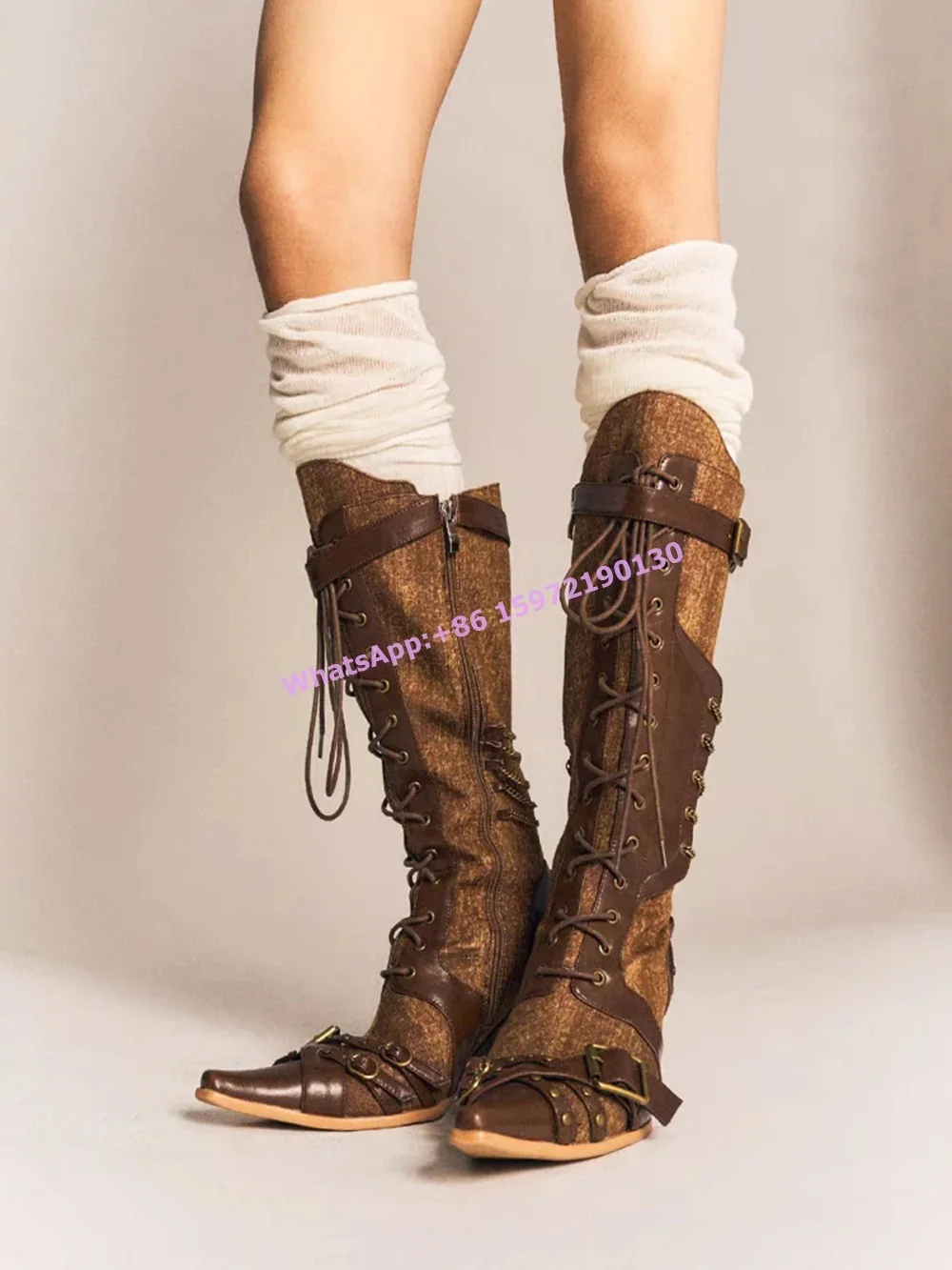 

Коричневые ботинки с заклепками и пряжкой в стиле ретро, лоскутные сапоги в стиле панк с боковой молнией, сапоги до колена на танкетке в западном стиле, зимняя обувь Hotties