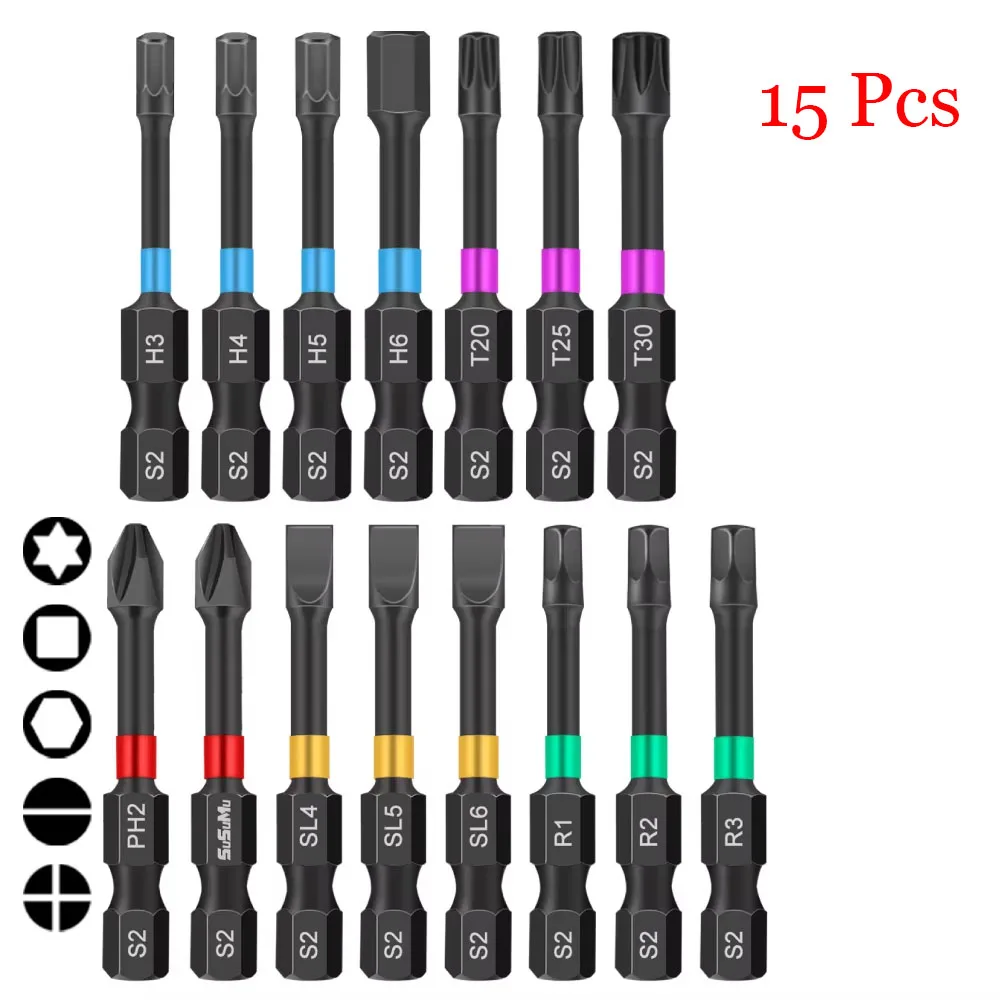 15PCS Magnetische Batch Head Impact Elektrische Schroevendraaier Bit Set Magnetische Case 5 Types S2 Head Bit Anti-slip Waterdichte Bits