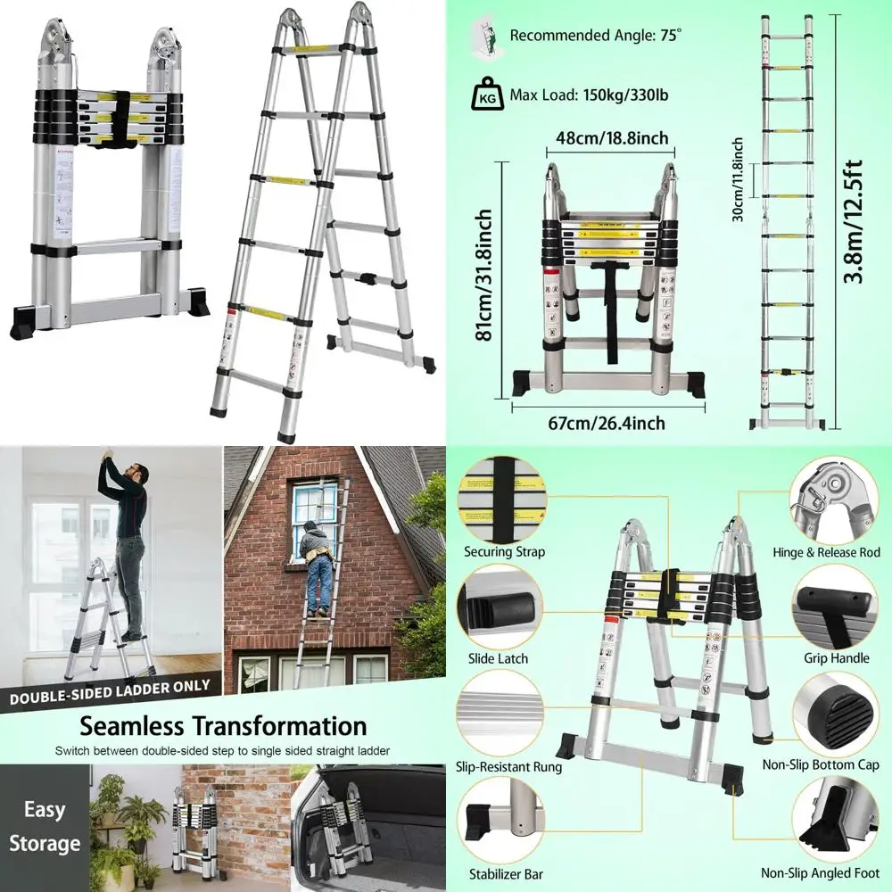 

Aluminum Telescoping Extension Ladder 12.5 Feet 3.8 Meters - 2-in-1 Folding A-Frame or Straight with Stabilizer Bar Safety Low-P