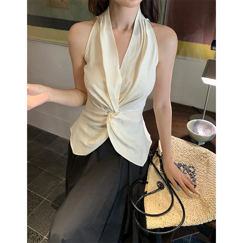 Women Clothing Summer Fashion Korean Trend Solid Color V-neck Sleeveless Female All-match Temperament Appear Thin Tank Top Tops