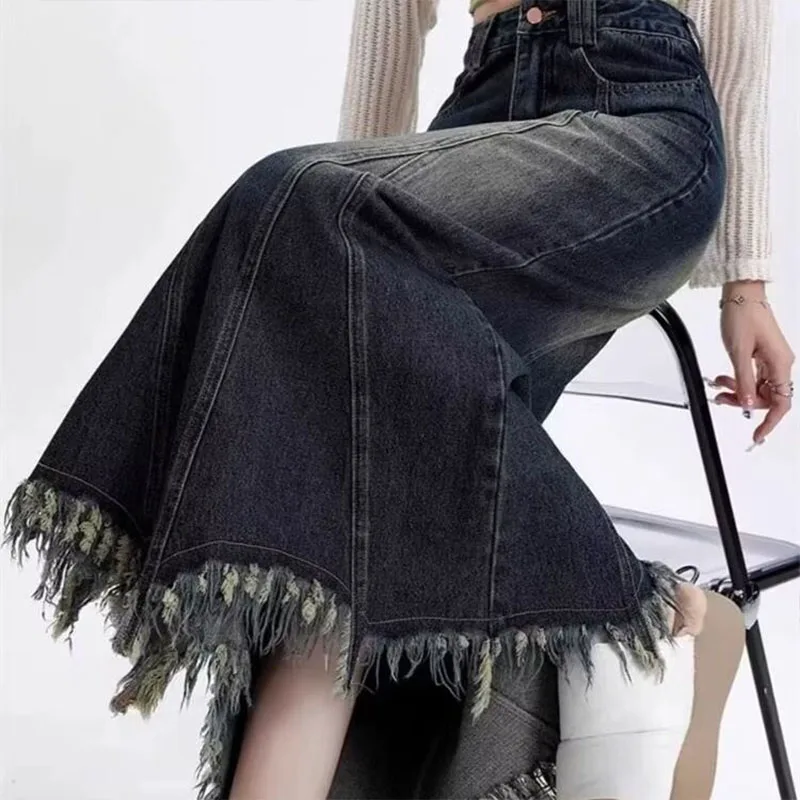 Saia Jeans Longa Vintage com Fenda Frontal para Mulheres, Saia Maxi Sexy de Cintura Alta com Franjas, Nova Coleção Primavera Outono 2026, Saia com Bolsos Feminina