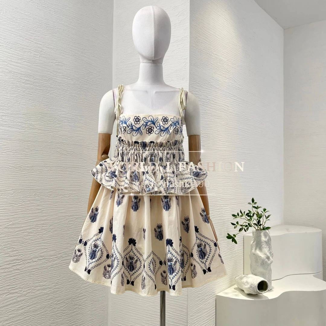 

Pure Cotton Beige Botanic Print Blue Little Floral Print Sleeveless Mini Dress 2025