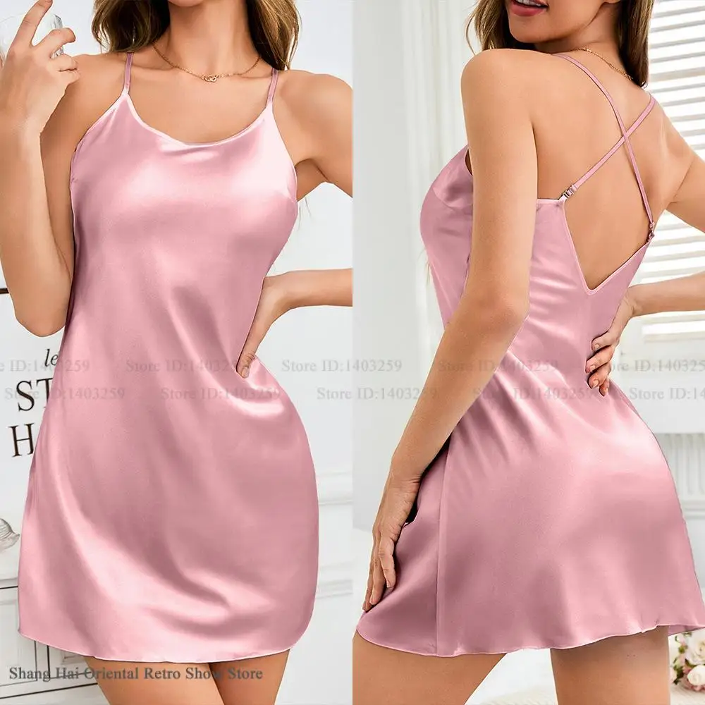 

Летняя ночная рубашка на тонких бретельках, сорочка, одежда для сна, сексуальная ночная рубашка с открытой спиной, нижнее белье, шелковистый атлас, домашний халат, одежда для дома
