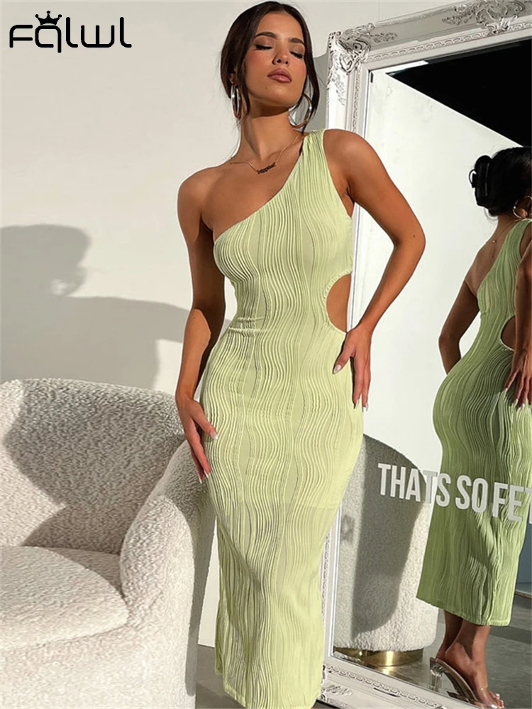 Habbris Fall One-Shoulder Elegant Textured Long Dress Cocktail Party Wear Women 2024 Green Sleeveless Hollow Out Bodycon Vestido