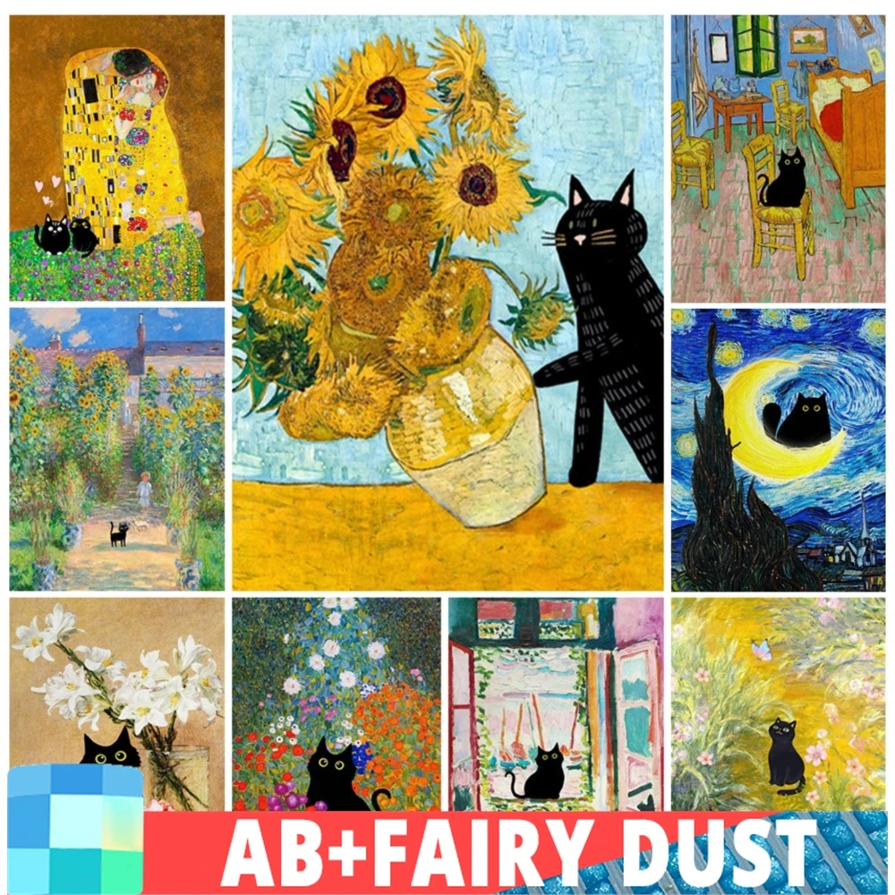 Fairy Dust AB Black Cat Knocking Over Van Gogh Sunflowers Diamond Painting Funny Animals Cross Stitch Kits 5D Full Drill Decor