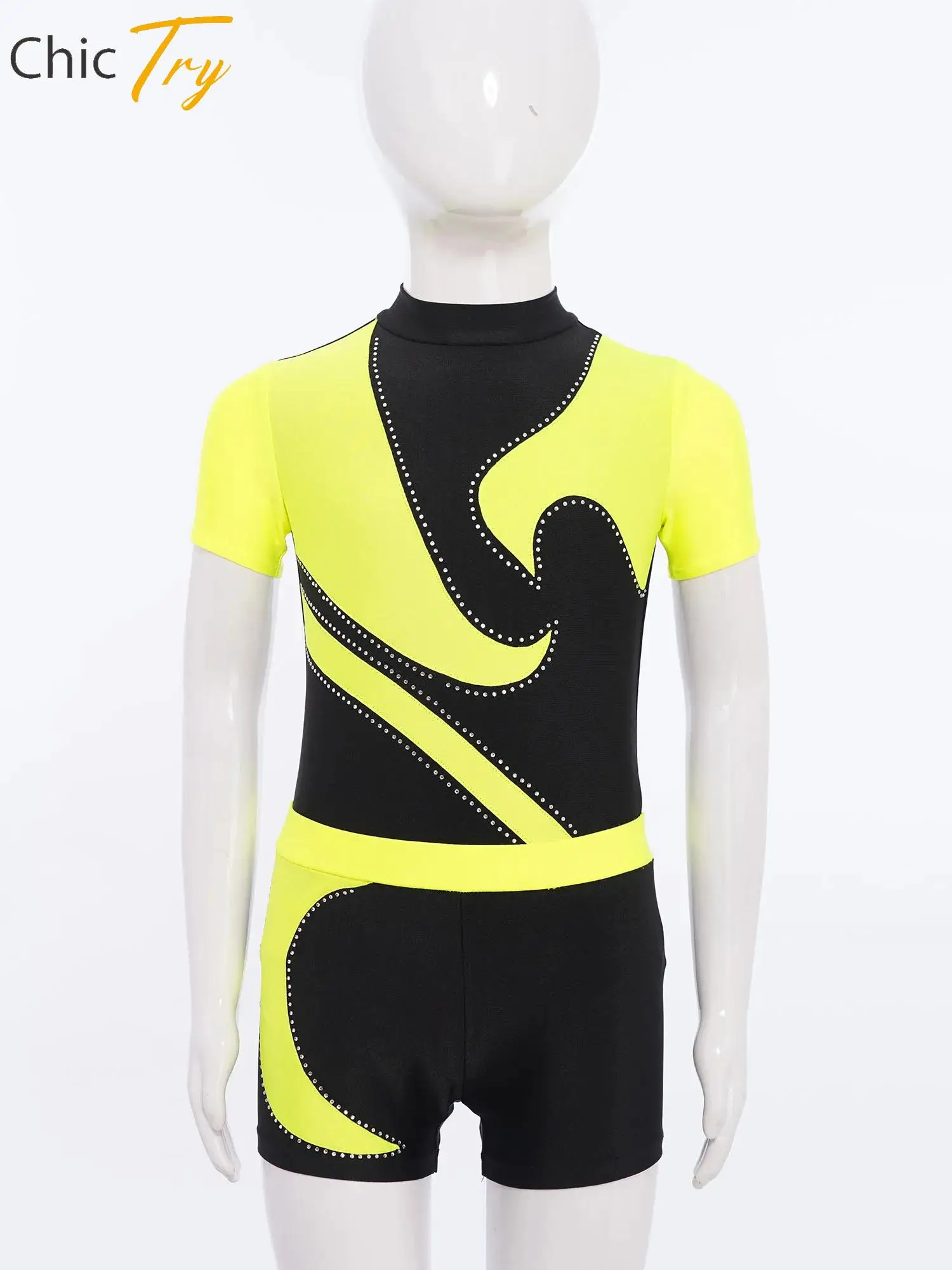 

Child Boys Color Block Gymnastics Outfits Short Sleeve Leotard with Elastic Waistband Shorts for Stage Performance Competition