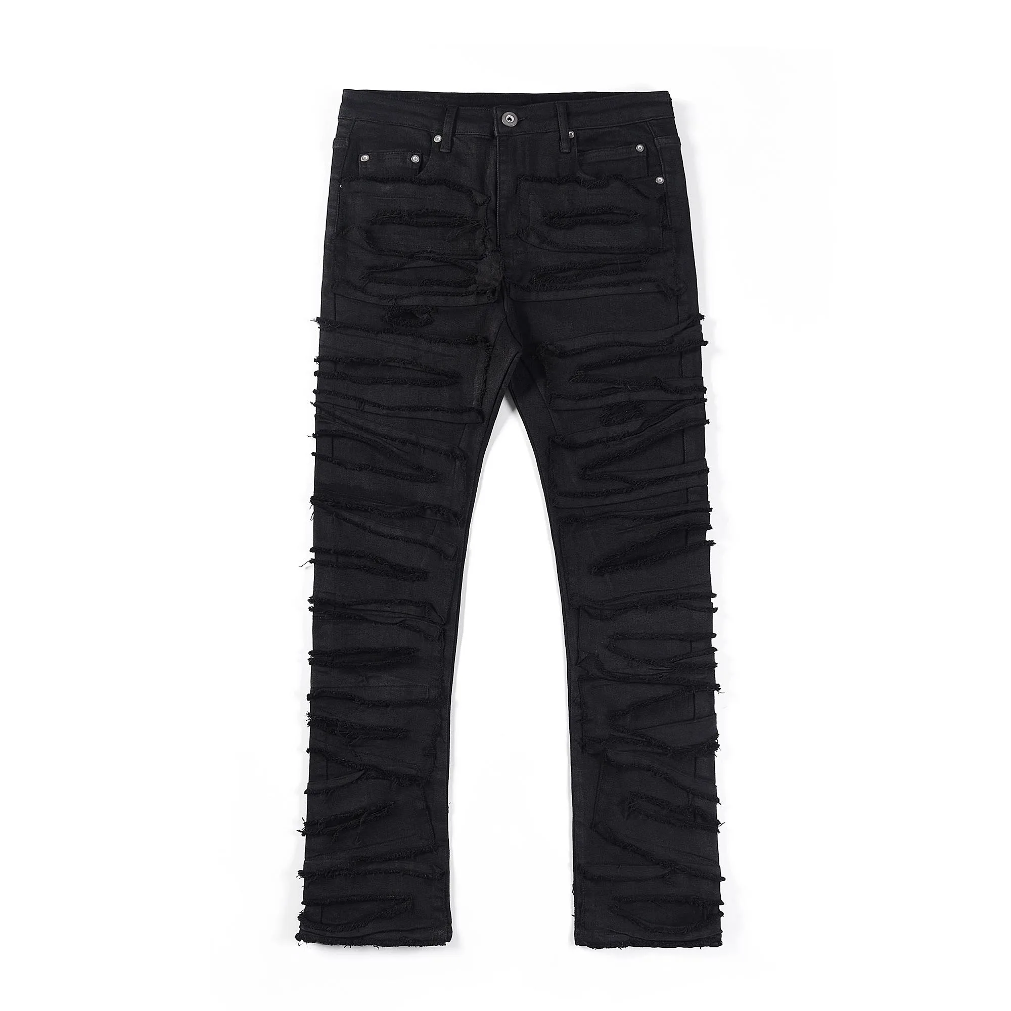 

men super distressed layer damaged wax black jeans