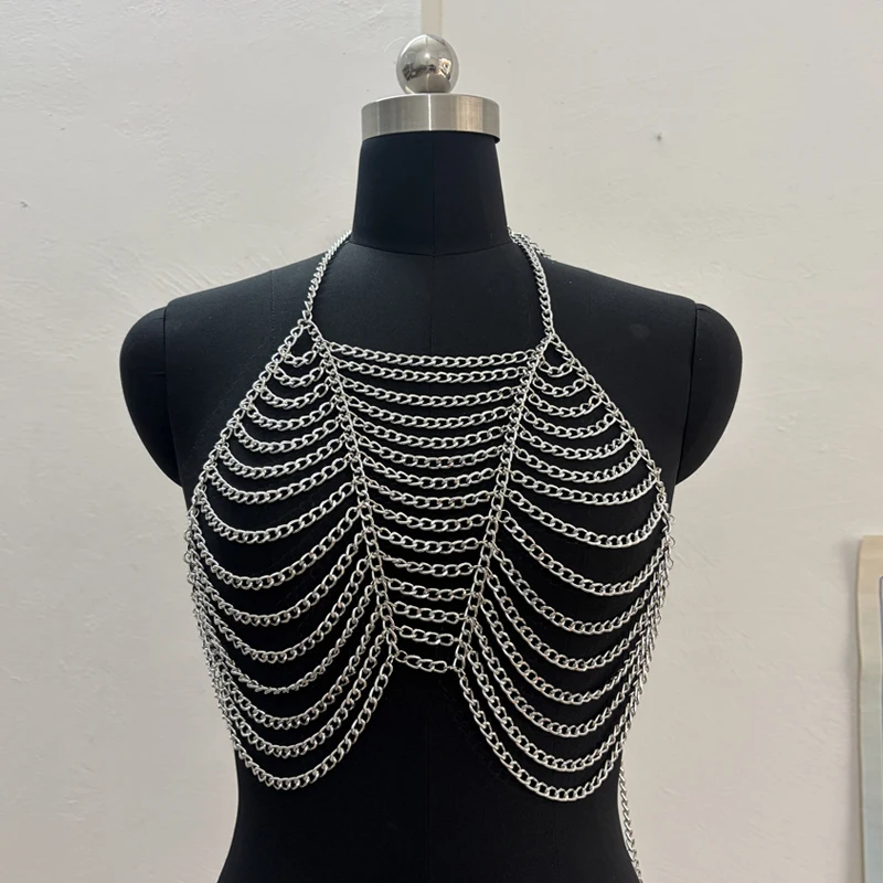 Damen Mehrlagiges Metallketten-Neckholder-Top – Rückenfreies, verstellbares Body Chain Crop Top für Rave, Festival, Party, Nachtclub, Streetwear 2026 – Detail 7