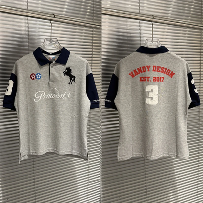 New Retro Contrast Collar Polo Protocol Index T‑Shirt Men Letter Number Embroidery Streetwear Tee Stock