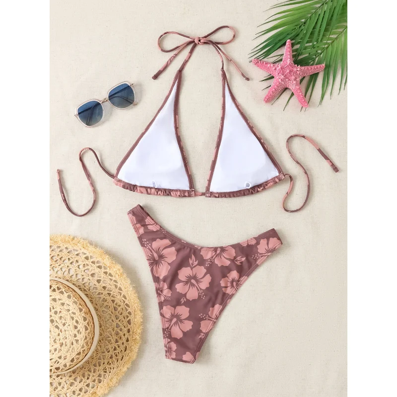 2025New Style Halter Neck Tie Sexy Triangle Bikini Two-Piece SetFlowerPrinted Swimsuitbikini