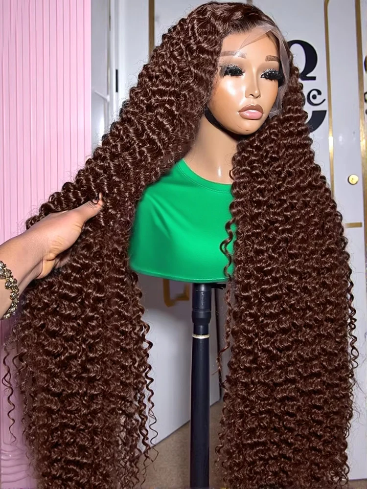 

300% Chocolate Brown Deep Wave Frontal Wig 30 36Inch 13x6 HD Transparent Frontal Lace Wigs For Women Water Curly Wigs Colored