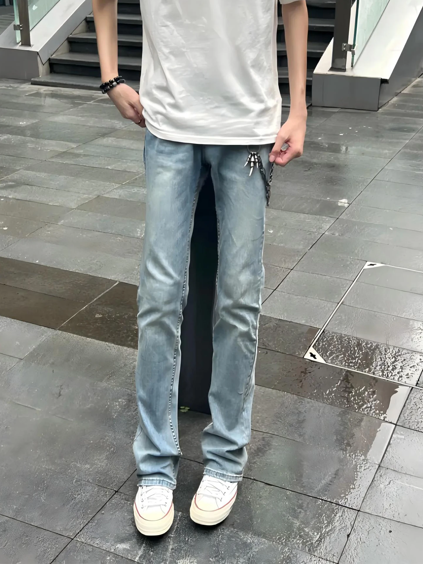 

Синие винтажные мужские джинсы с талией Cleanfit, прямые повседневные брюки в американском стиле High Street Vibe, джинсовые брюки со средней талией и застежкой-молнией