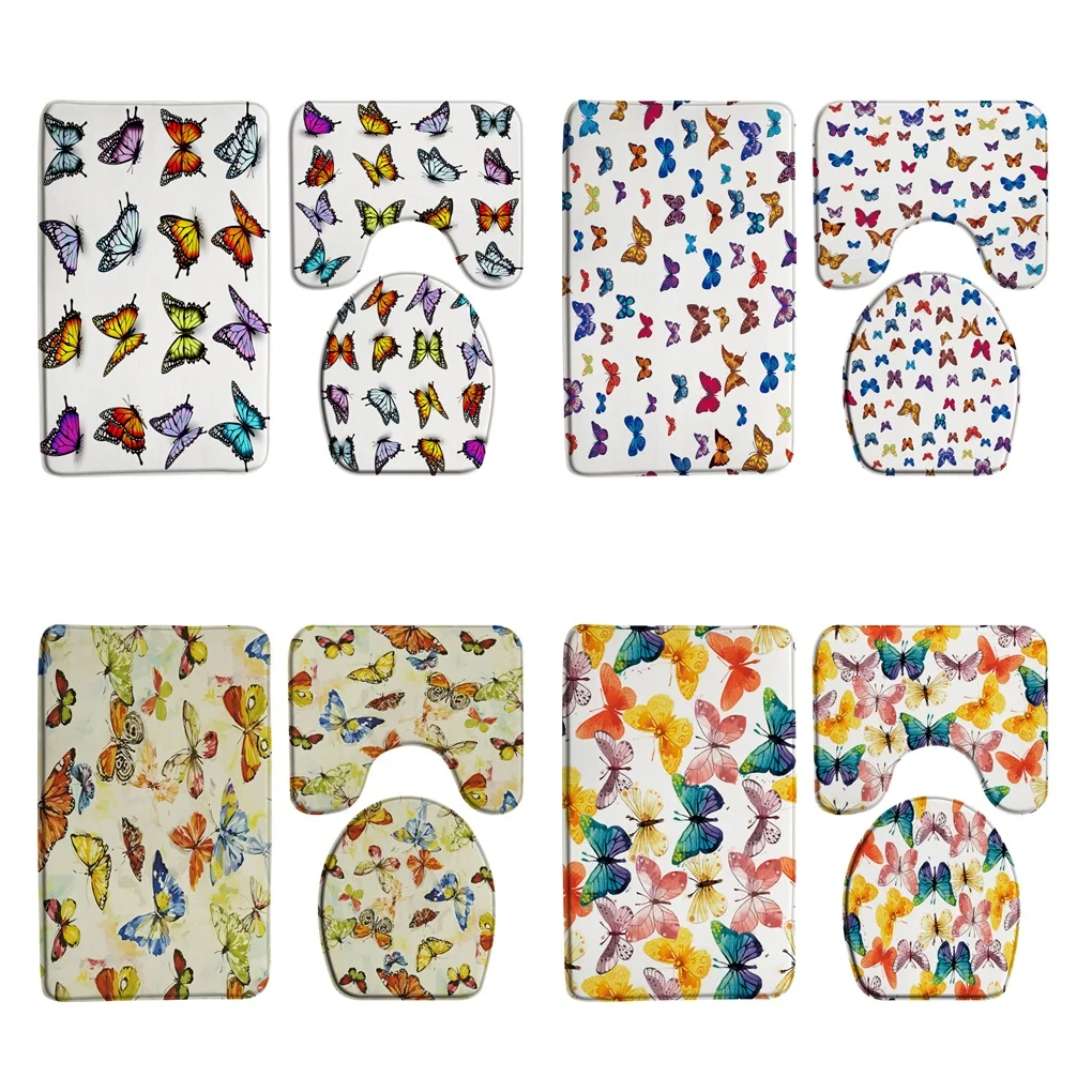 

Watercolor Butterfly Bathroom Rugs Set Non-Slip Colorful Animal Bath Mats U-Shape Carpet Toilet Lid Cover Flannel Floor Doormat