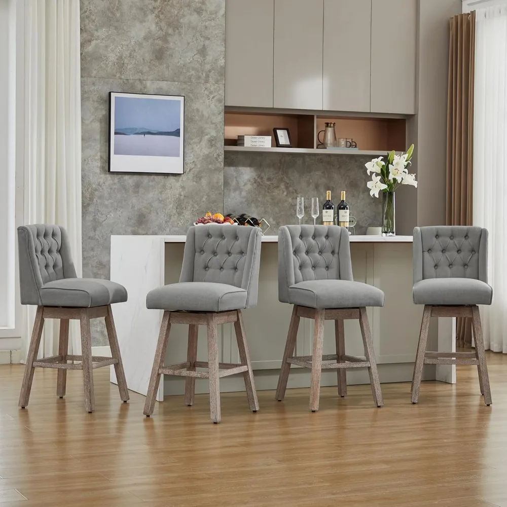 Conjunto de 2 bancos de bar com altura de balcão, 360 ° Bancos de bar giratórios com encosto e pernas de madeira, banco de bar estofado em tecido de linho Morden 28,5
