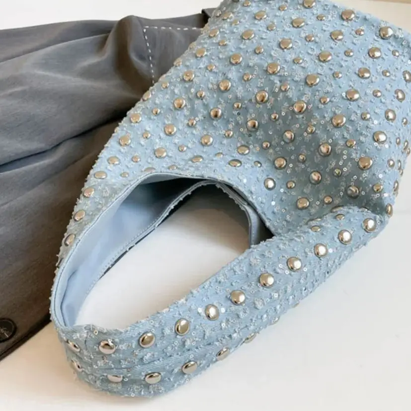 

Rivet Inlaid Underarm Pouch Denim Fabric Bucket Bag Retro Tote Bags Trendy Women Summer Shoulder Bag Motorcycle Style Handbag