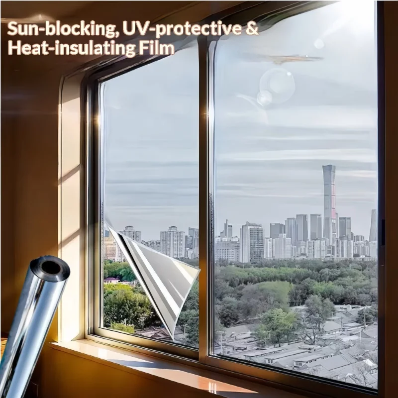 Silver Sun Protection and Heat Insulation Film Glass Sticker,Sun Blocking Anti UV Reflective Mirror Window Tint for Home and Off