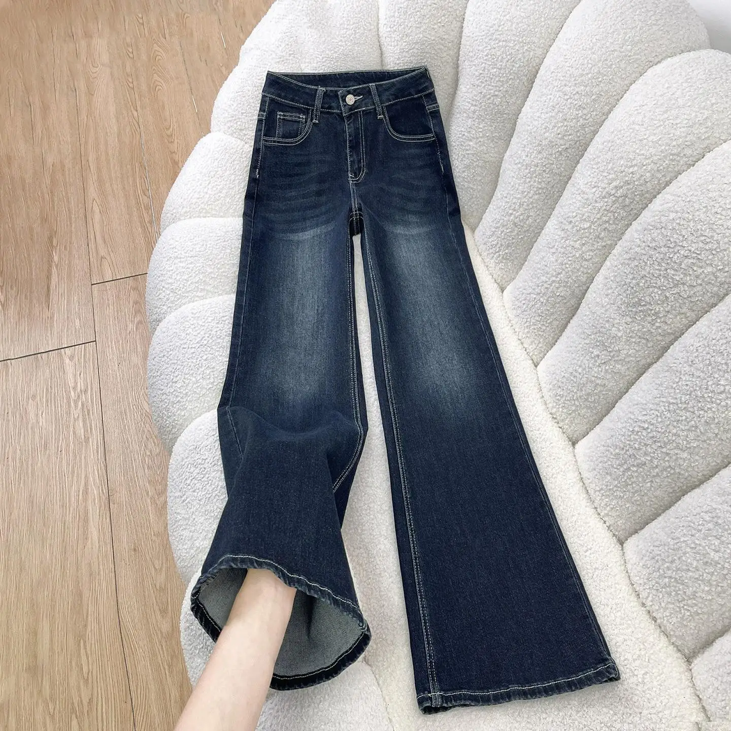 American Style High Waist Draped Wide Leg Jeans Women's Trendy Fall New High Waist Casual Flared Pants Cotton Stretch Denim