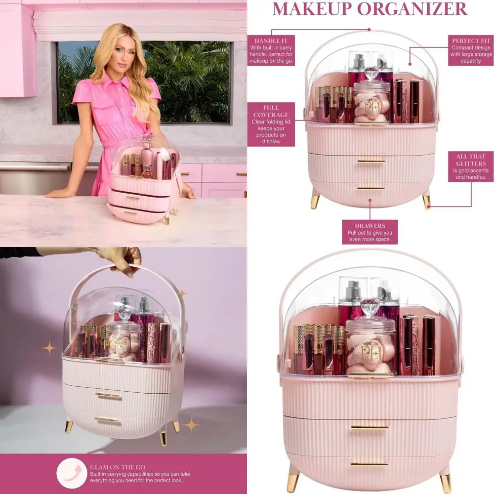 

Portable Pink Makeup Organizer with Fluted Design and Gold Trims for Vanity Countertop