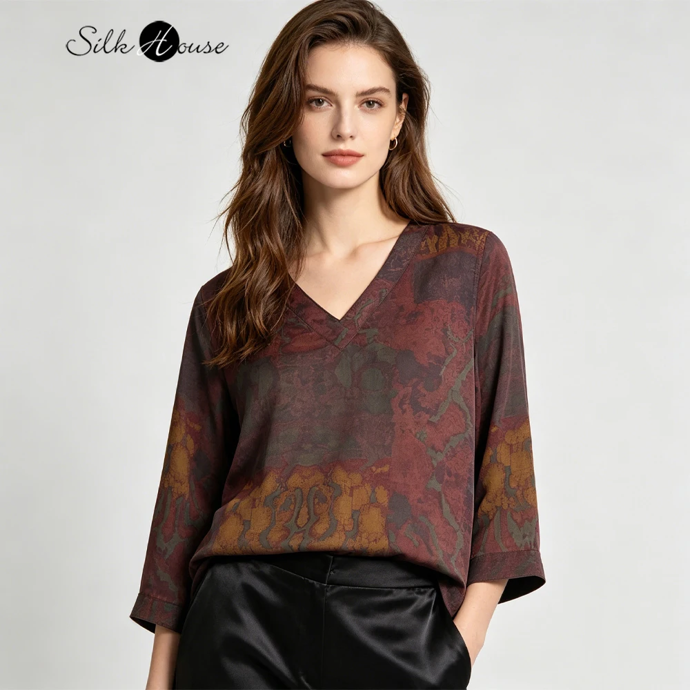 

Plus Size Women's Fashion Summer Clothing Purple Mist Printed 100% Natural Mulberry Silk Fragrant Cloud Yarn V-neck T-shirt