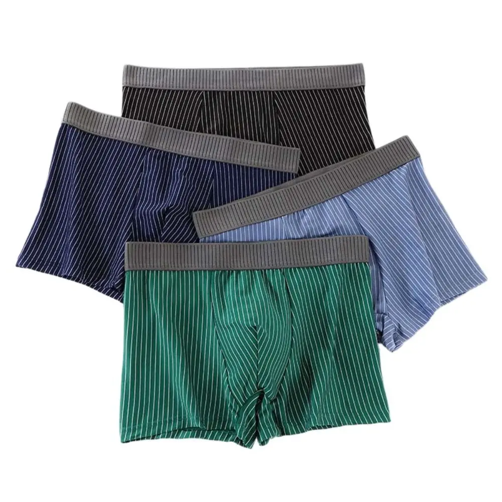 4PCS 통기성 스트라이프 남성 플랫 팬티 중반 허리 팬티 스포티 한 복서 반바지 대형 속옷 남성 속옷 남성