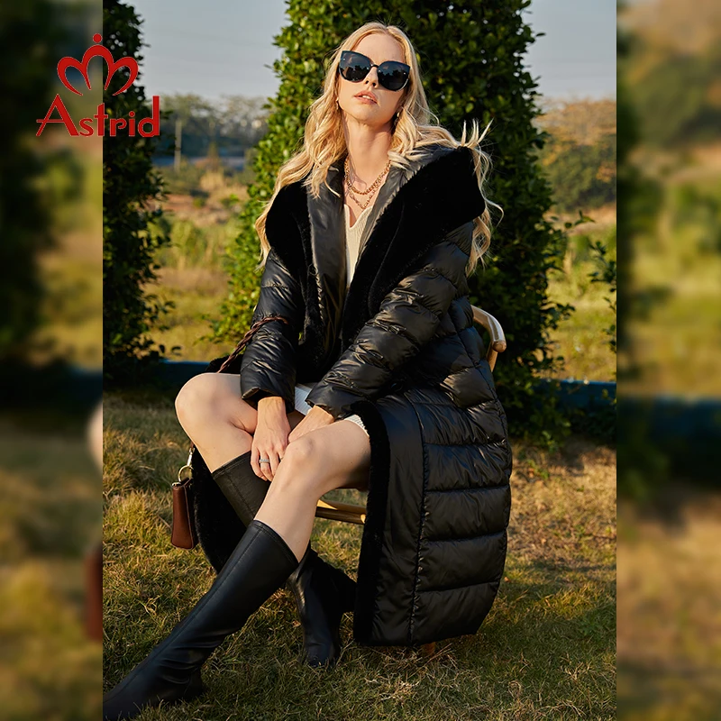 Astrid Winter Parkas Women\'s Jacket Large Natural Rabbit Fur Belt Elegant Long Coat Thick Warm Female Outerwear Quilted ZR-7518