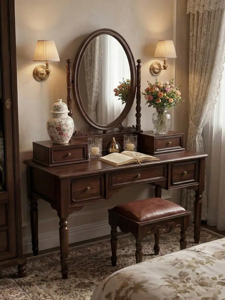 American Style Solid Wood Dressing Table Mirror Stool Combination Bedroom Vintage Small Apartment Simple Luxury Makeup Table