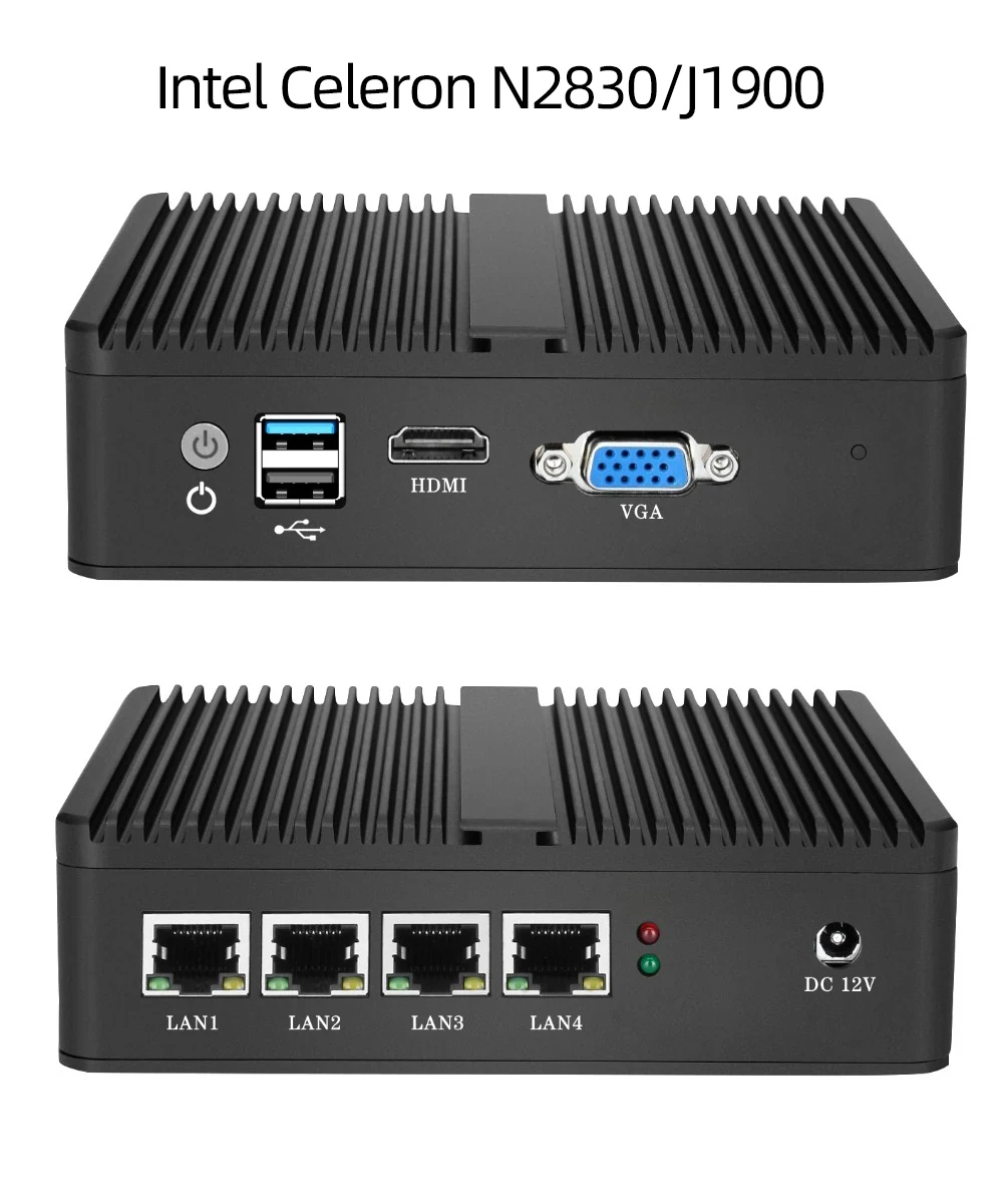 Fanless Mini PC Firewall Router Intel Celeron J1900 N2830 4x 2.5G Ethernet Support Windows Linux Pfsense OpenWrt