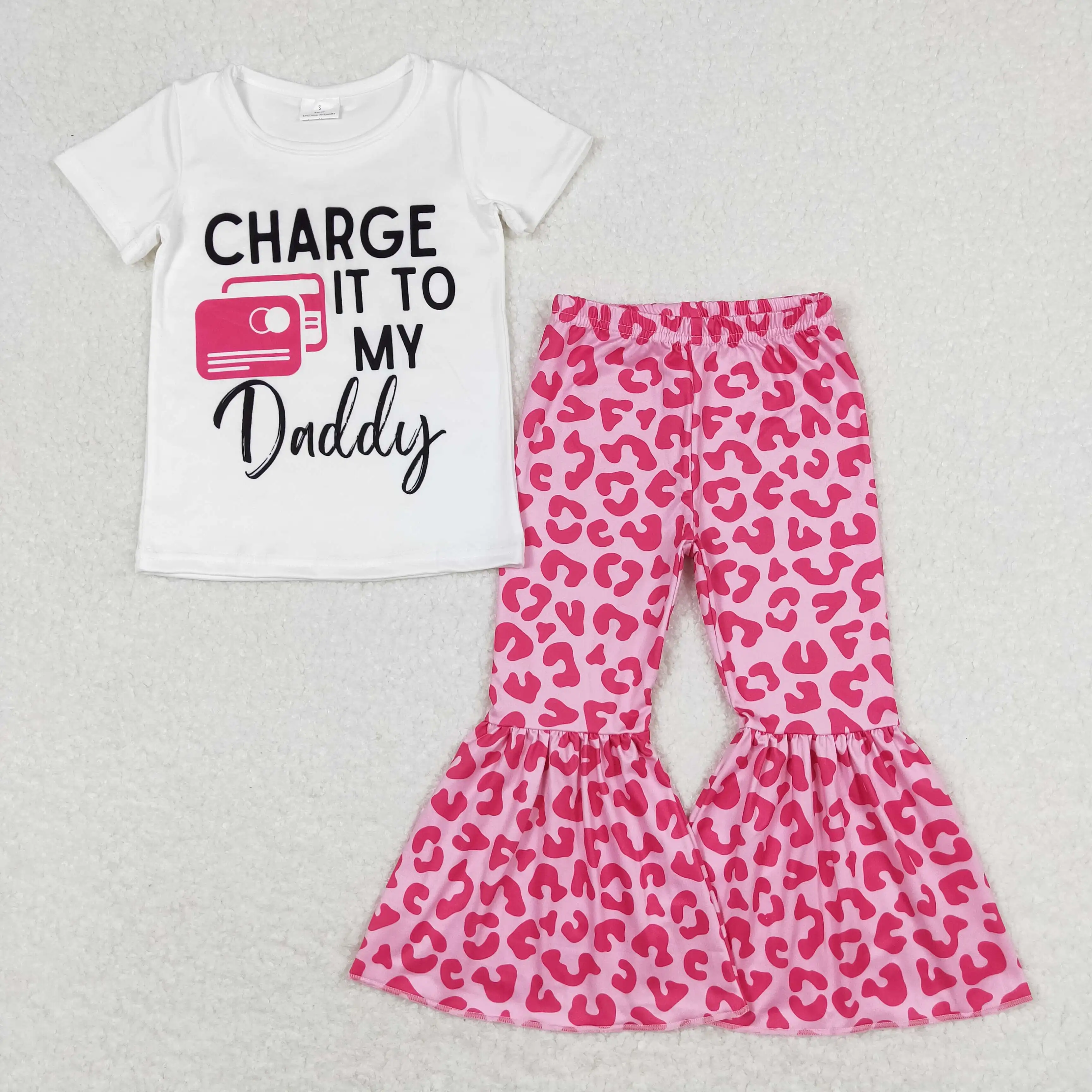 Wholesale Kids Infant Sets Clothing Baby Girl Short Sleeves Daddy Shirt Pink Leopard Bell Pants Spring Children Toddler Outfit