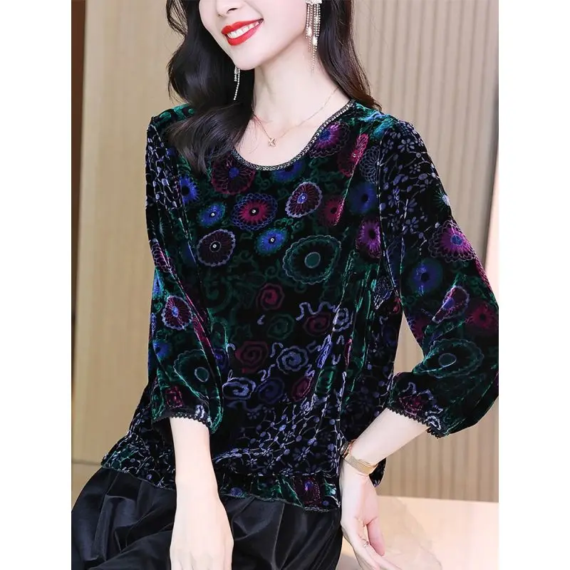 Women\'s Round Neck Vintage Elegant Printing Tops Autumn Winter Stylish Long Sleeve Sequined Spliced T-shirt Female Clothing