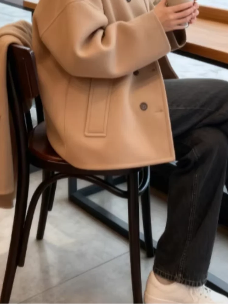 

Однотонное шерстяное пальто для женщин, Повседневная однобортная женская короткая куртка с отложным воротником и длинным рукавом, с карманами, Осень-зима 2024, женская верхняя одежда