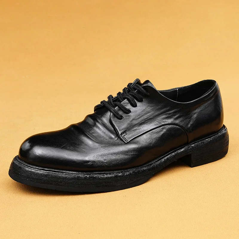 Retro Mens Dress Brogues Shoes Luxury Genuine Leather Round Toe Handmade Fashion Flat Brown Black Red Wedding Social Shoes Man