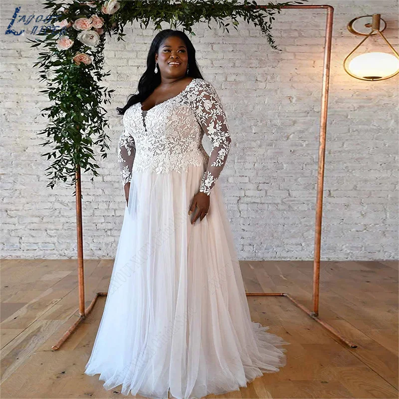 Layout Niceb Plus Size Trouwjurken Lace Lange Mouwen Bruid Gown Applique V-hals Vestido Noiva Boho Tulle A-lijn Custom Made Plus Size Bruidsjurken Kant Lange Mouwen Bruidsjurk Applique V-hals vestido noiva boho Tule A-