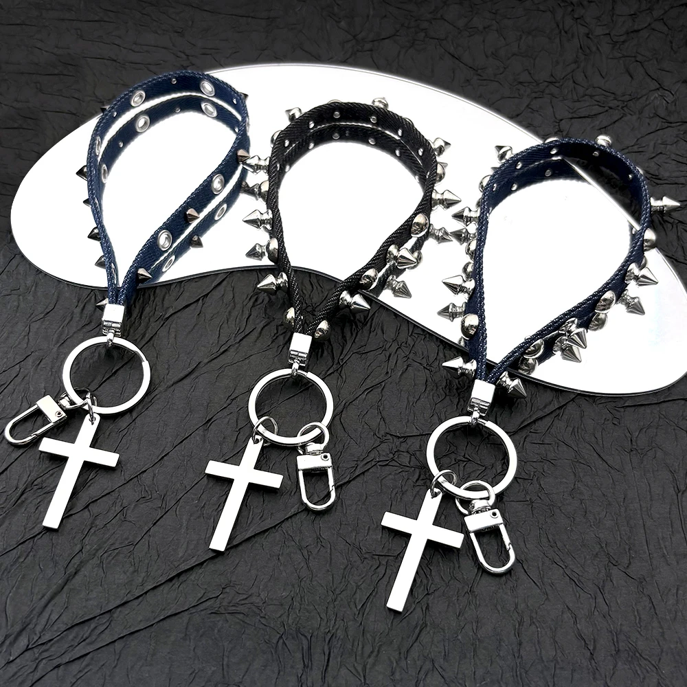Neue Niet Leder Seil Kreuz Schlüsselbund Goth Kreative Punk Tasche Hängen Seil Geschenk Trendy Charme Christentum Schlüsselanhänger Schmuck – Detail 5