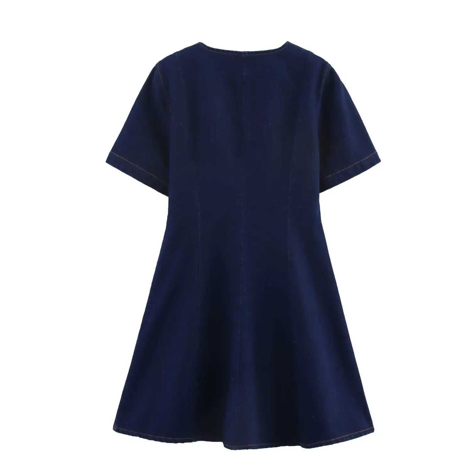 Women's Summer Street Fashion Single Button V-neck Short Denim Dress A-line Skirt Basic Style Pure Color Regen Fiber