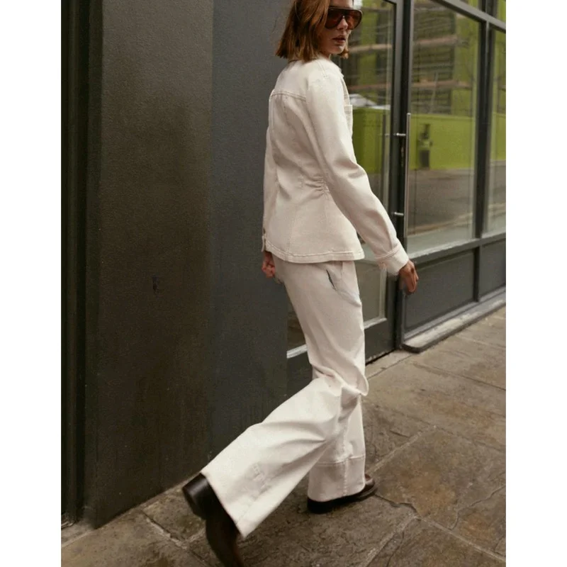 Slim Fit Longo Sve Gola Denim irt Cintura Alta Zíper Decorado Costurado Bell Bot Conjunto de Duas Peças Casual Sle Inverno...