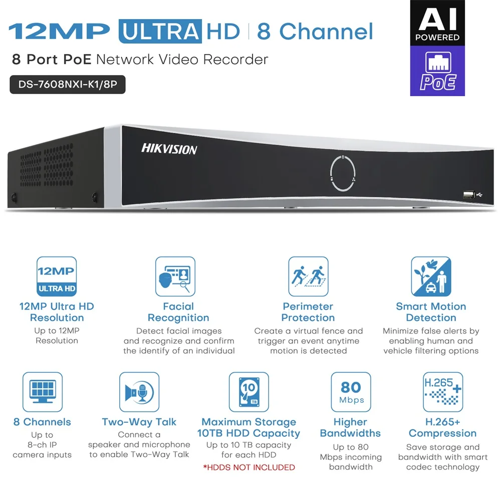 Hikvision 8-ch PoE 1U AcuSense 4K NVR Perimeter Protection Motion Detection Facial Recognition 1SATA Up to 10TB
